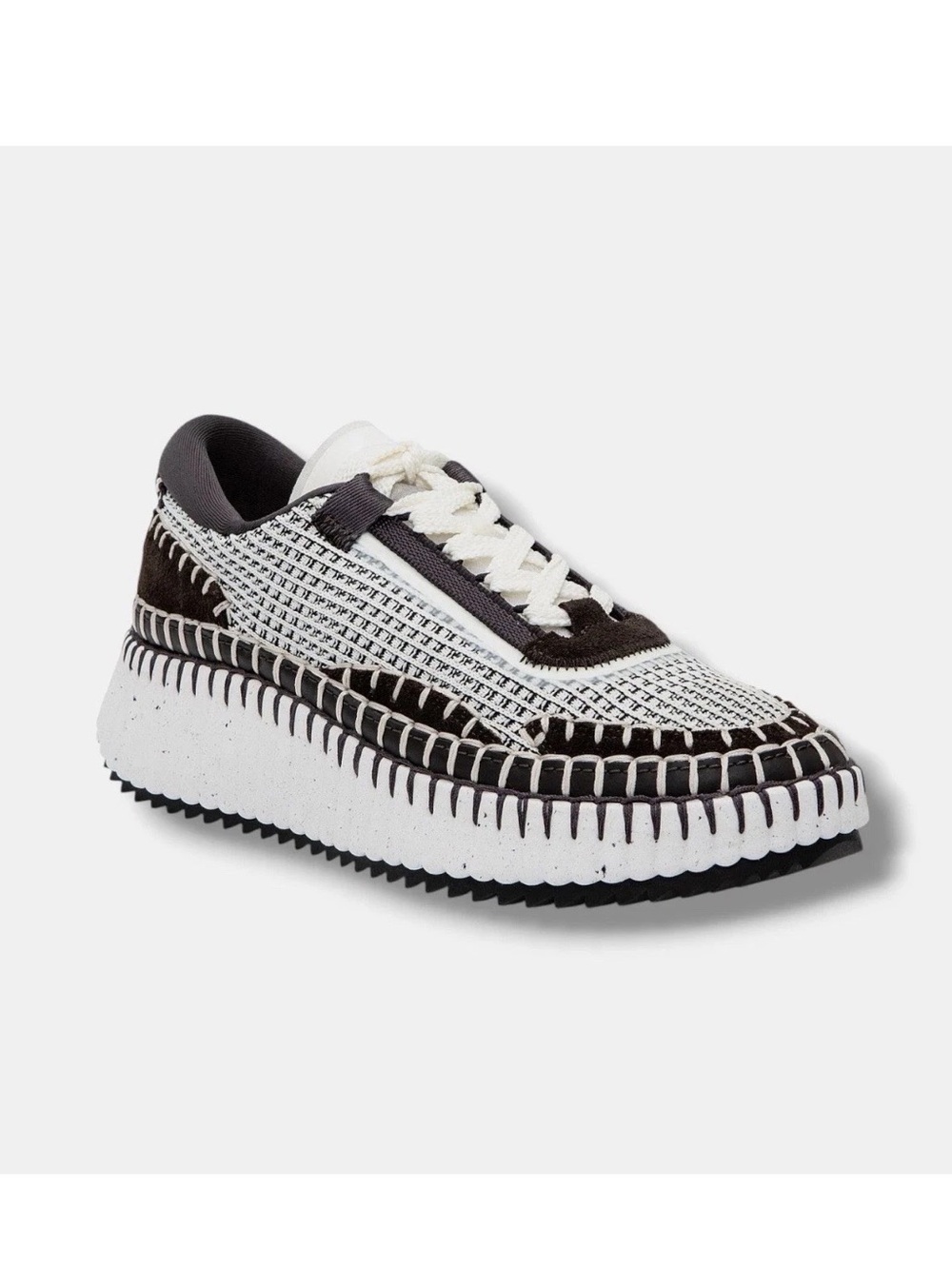 Chloe Nama Woven Stitch-Trim Platform Sneaker Size 38 White Black & Brown NIB